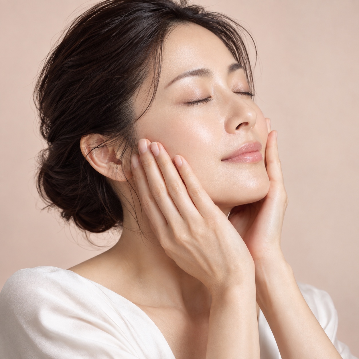 肌にそっと手を添える女性のイメージ